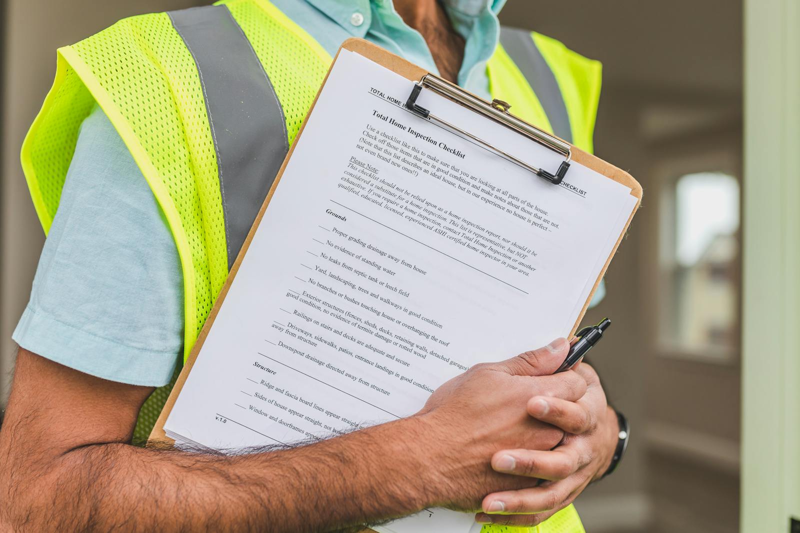 Worker with hi-vis vest and clipboard on a worksite, marking off a safety checklist. Industrial setting, focused action.